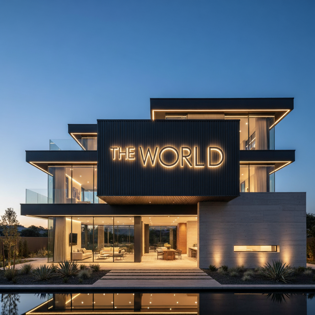 Realistic 3D architectural night view rendering with decorative outdoor lighting