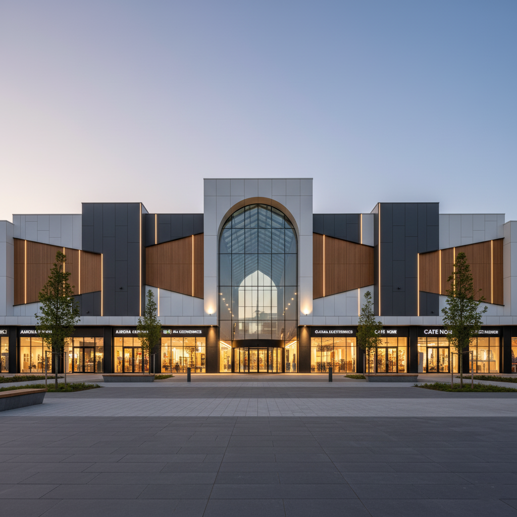 Modern commercial office building exterior with glass facade and steel structure