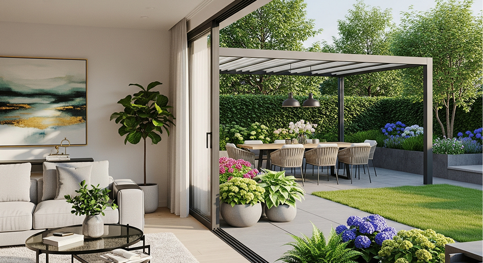 Photorealistic 3D interior rendering of a master bedroom with sustainable design